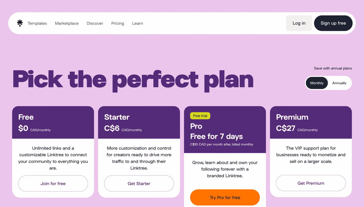 Linktree Pricing Page