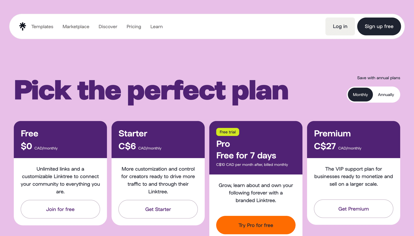 Linktree Pricing Page