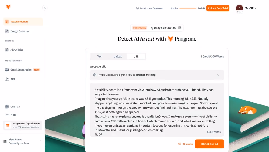 Pangram Extracted webpage text