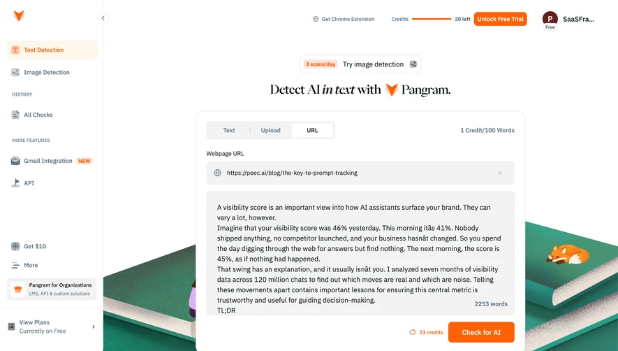 Pangram Extracted webpage text