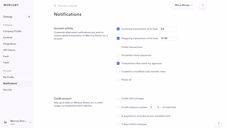 Mercury Notifications Settings