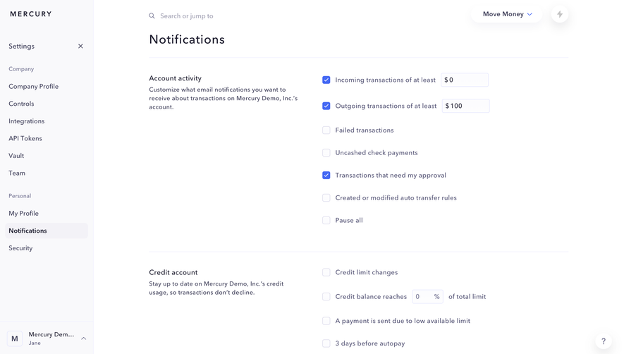 Mercury Notifications Settings