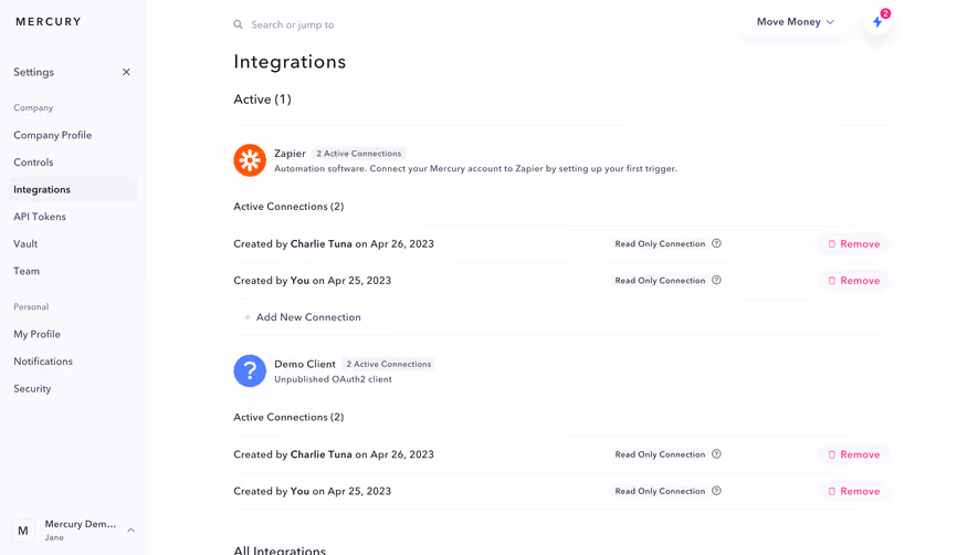 Mercury Integrations Settings