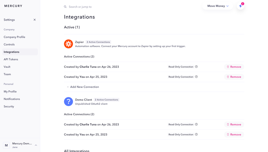 Mercury Integrations Settings