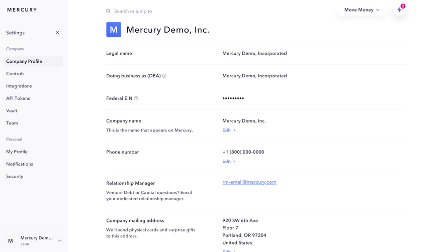 Mercury Company Settings