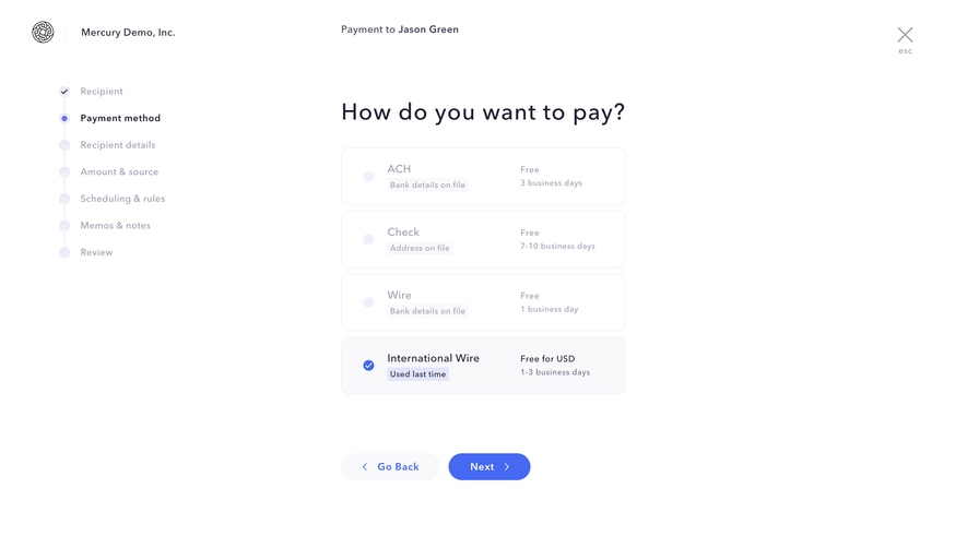 Mercury Transfer Payment Method