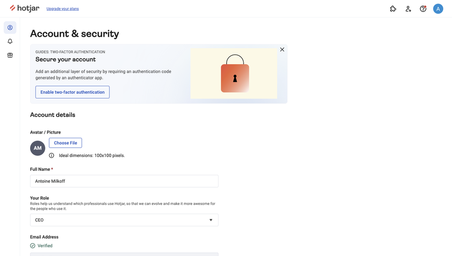 Hotjar Account & Security Settings