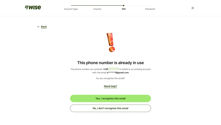 Wise 2FA Phone Number Already Used