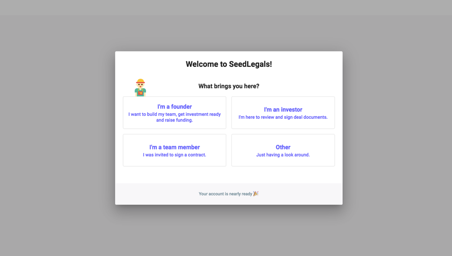 SeedLegals Sign Up Flow