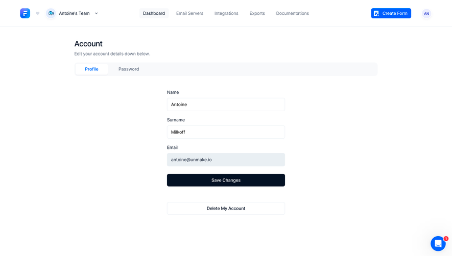 Formcarry Account Settings