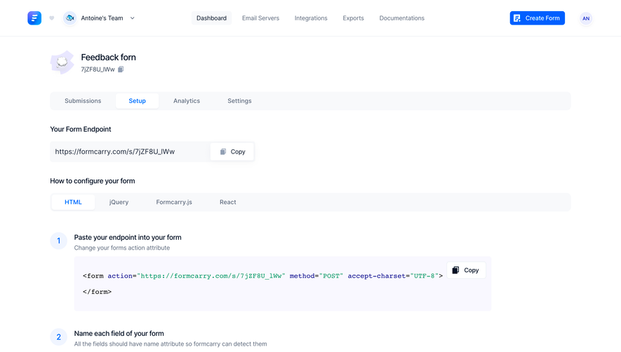 Formcarry Form Setup