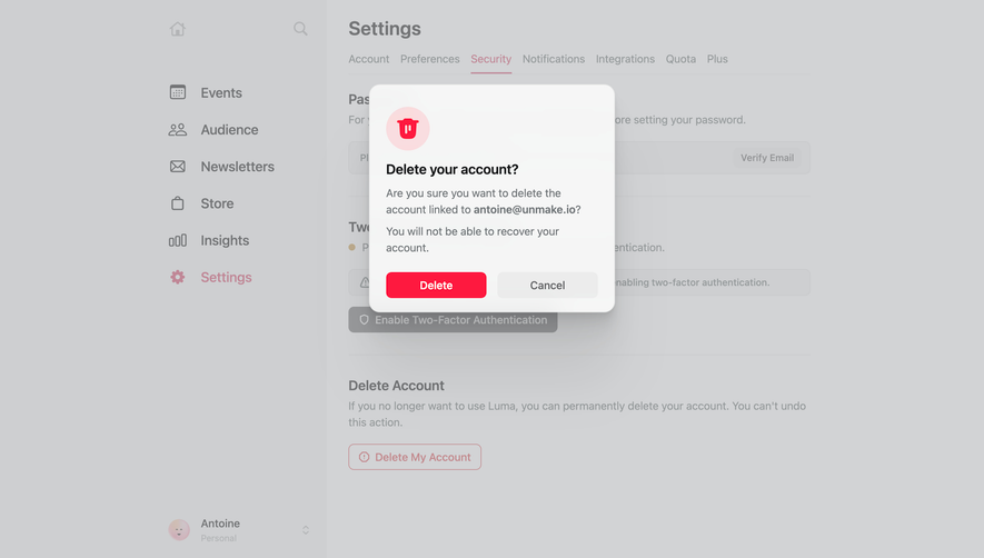 Luma Delete Account