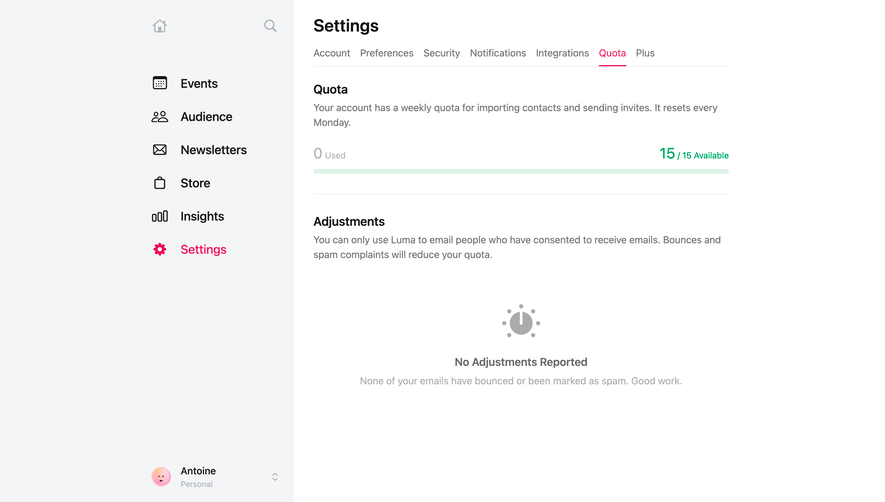 Luma Quota Settings