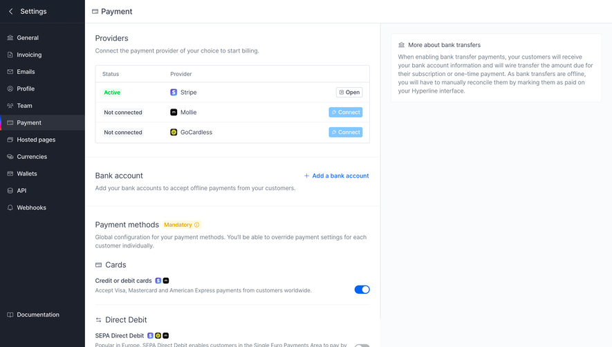 Hyperline Payment Settings