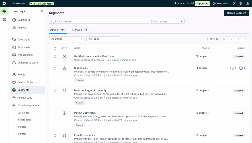 Customer.io Segments Table