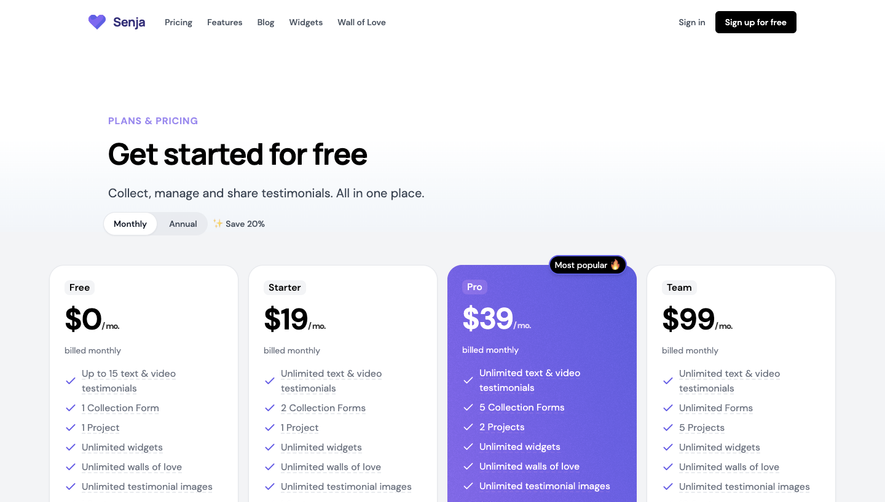 Senja Pricing Page