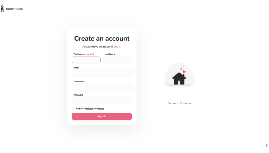 Supernotes Signup Page