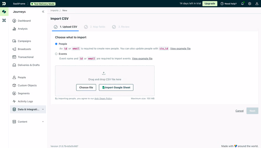 Customer.io Import CSV
