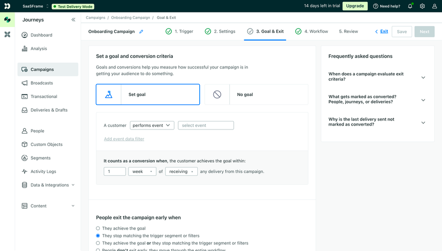 Customer.io Campaign Goals Settings