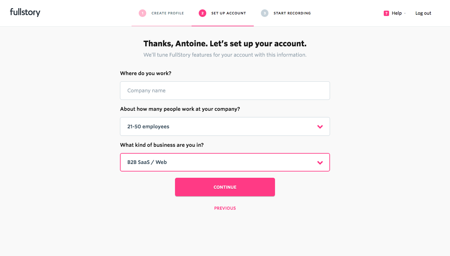 Fullstory Sign Up Flow