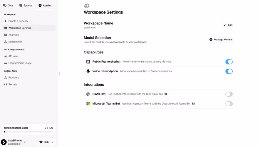 Dust Workspace Settings