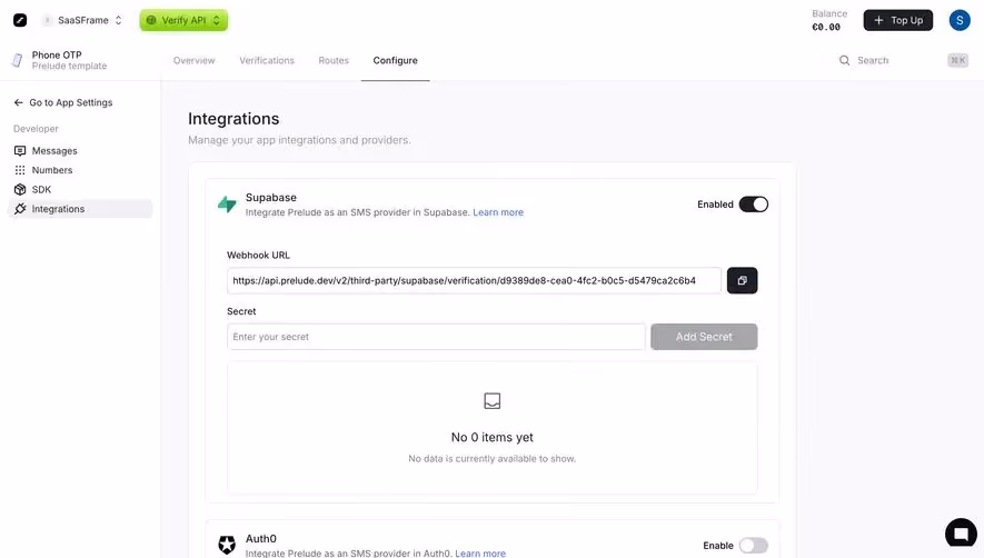 Prelude Integrations Settings