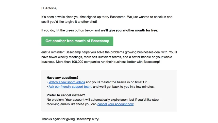 Basecamp Retention / Reactivation Emails