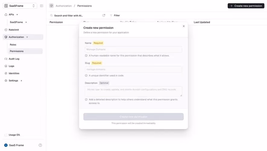 Unkey Create New Permission