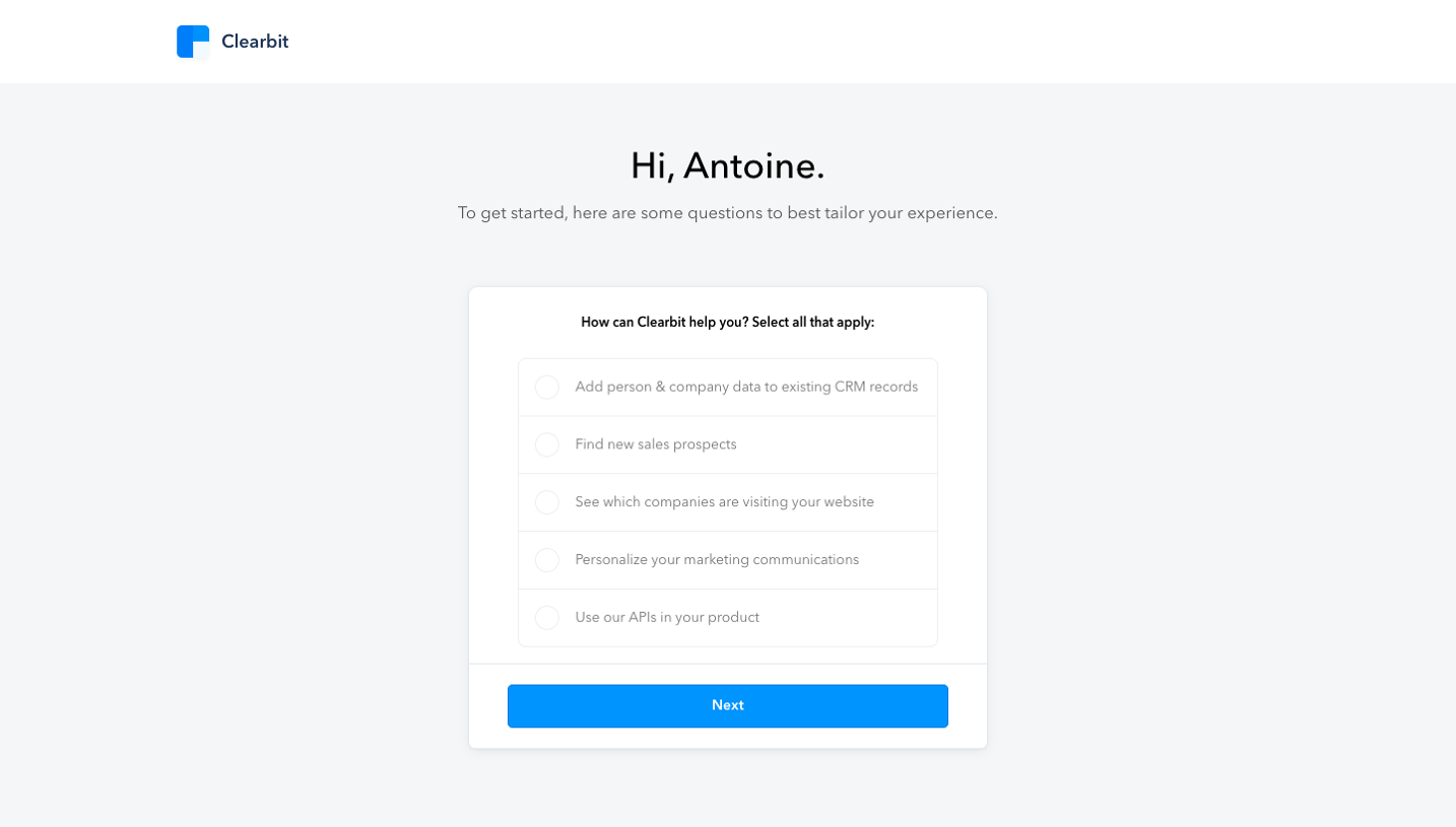 Clearbit Sign Up Flow