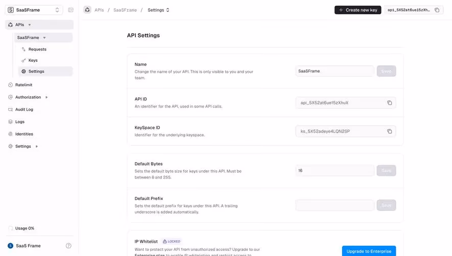 Unkey API Settings