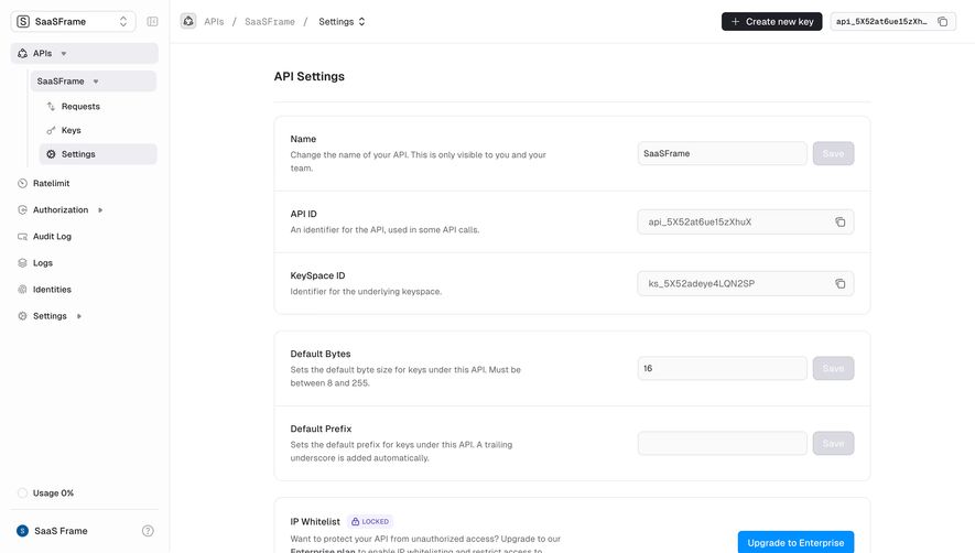 Unkey API Settings
