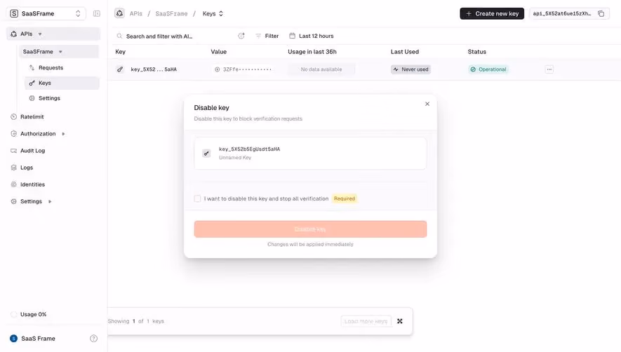 Unkey Disable Key
