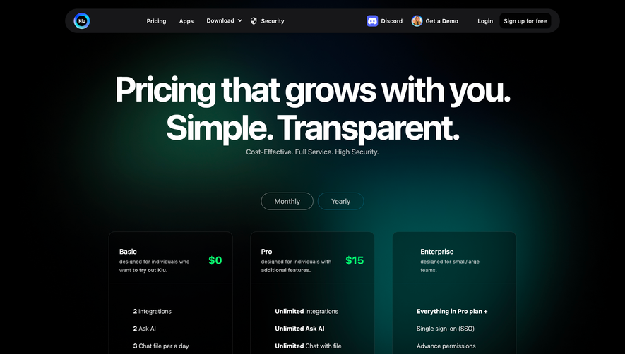 Klu Pricing Page