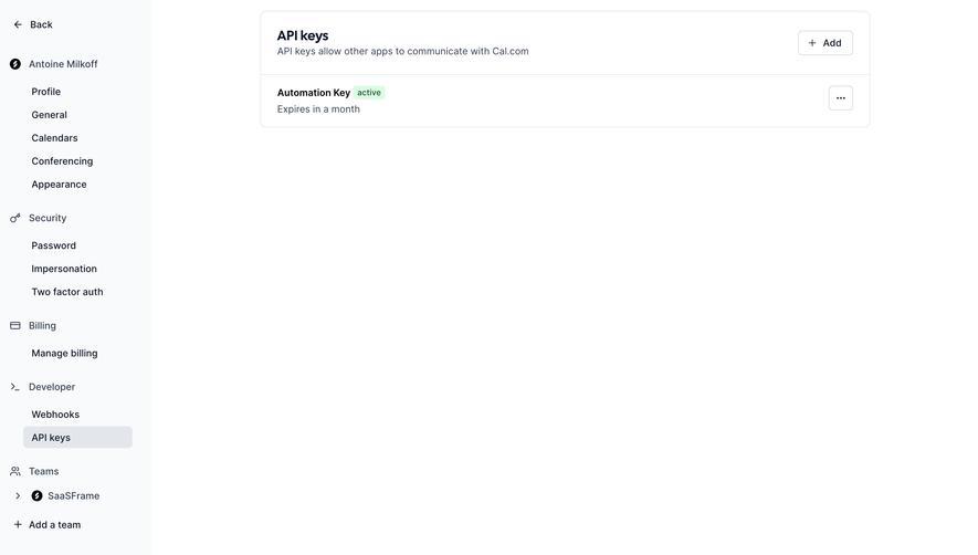 Cal.com API Keys Settings