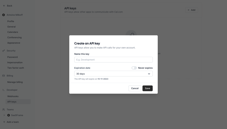Cal.com Create API Keys