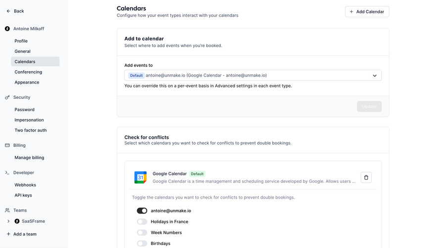 Cal.com Calendars Settings