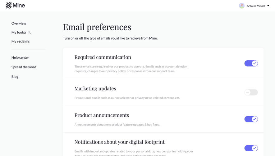 Mine Email Preferences