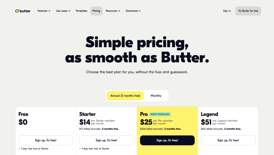 Butter Pricing Page