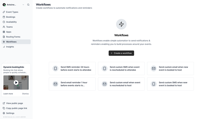 Cal.com Empty Workflow Dashboard