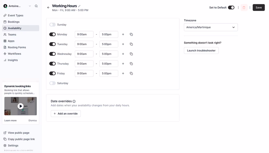 Cal.com Availabilities Settings