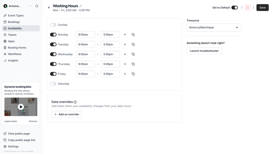Cal.com Availabilities Settings