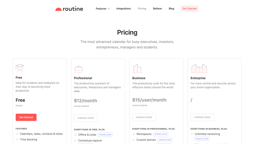 Routine Pricing Page