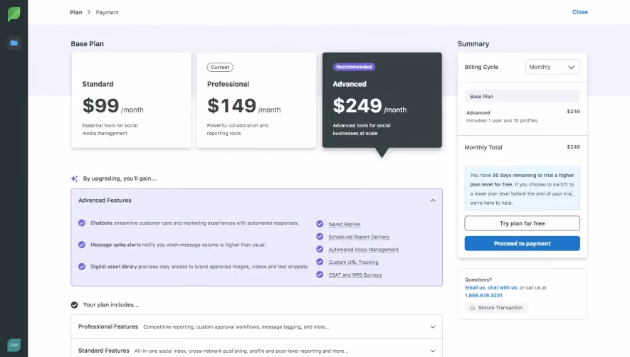 Sprout Social Upgrading Page