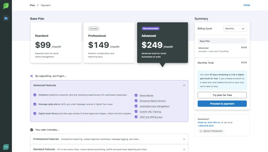 Sprout Social Upgrading Page