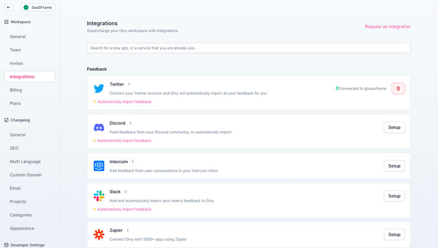 Olvy Integrations Settings