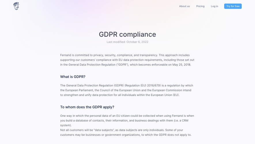 Fernand GDPR Compliance Page