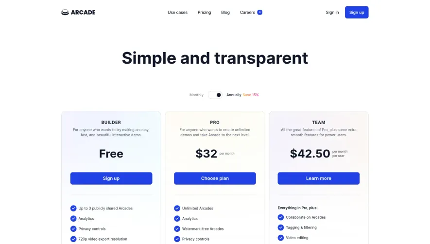 Arcade Pricing Page