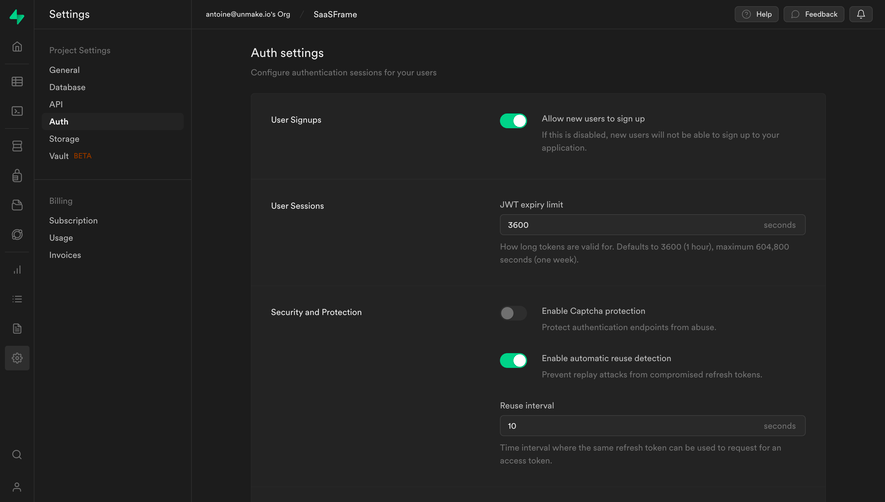 Supabase Auth Settings