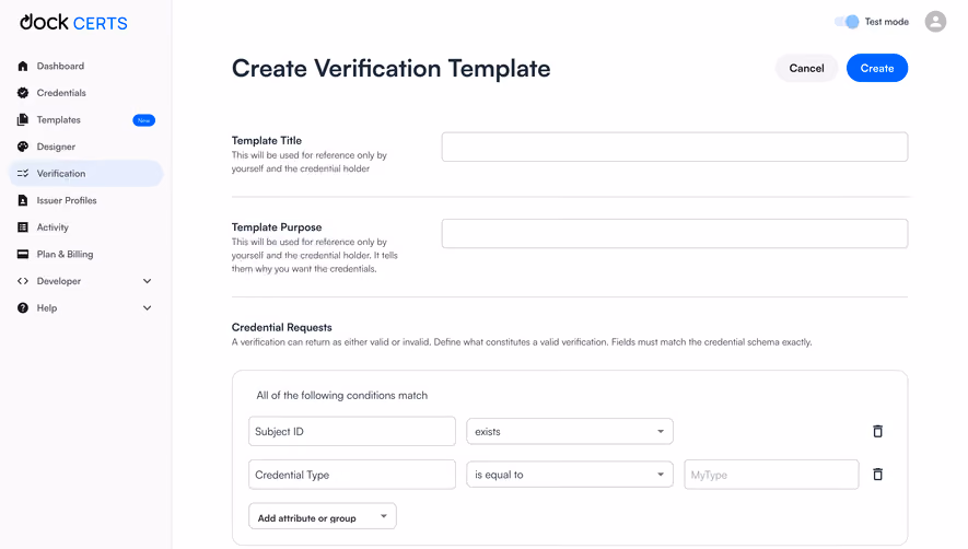 Dock Create Verification Templates