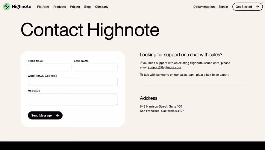 Highnote Contact Page